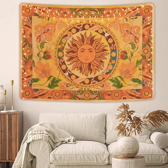 Burning Sun Tapestry Flower Vines BOHO Vintage Floral Mystic Hippie Wall Hanging - Picture 1 of 3